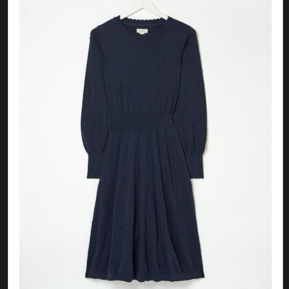 Fat Face Sarah Skater Navy Knit Long Puffy Sleeves Dress Academia Grannycore